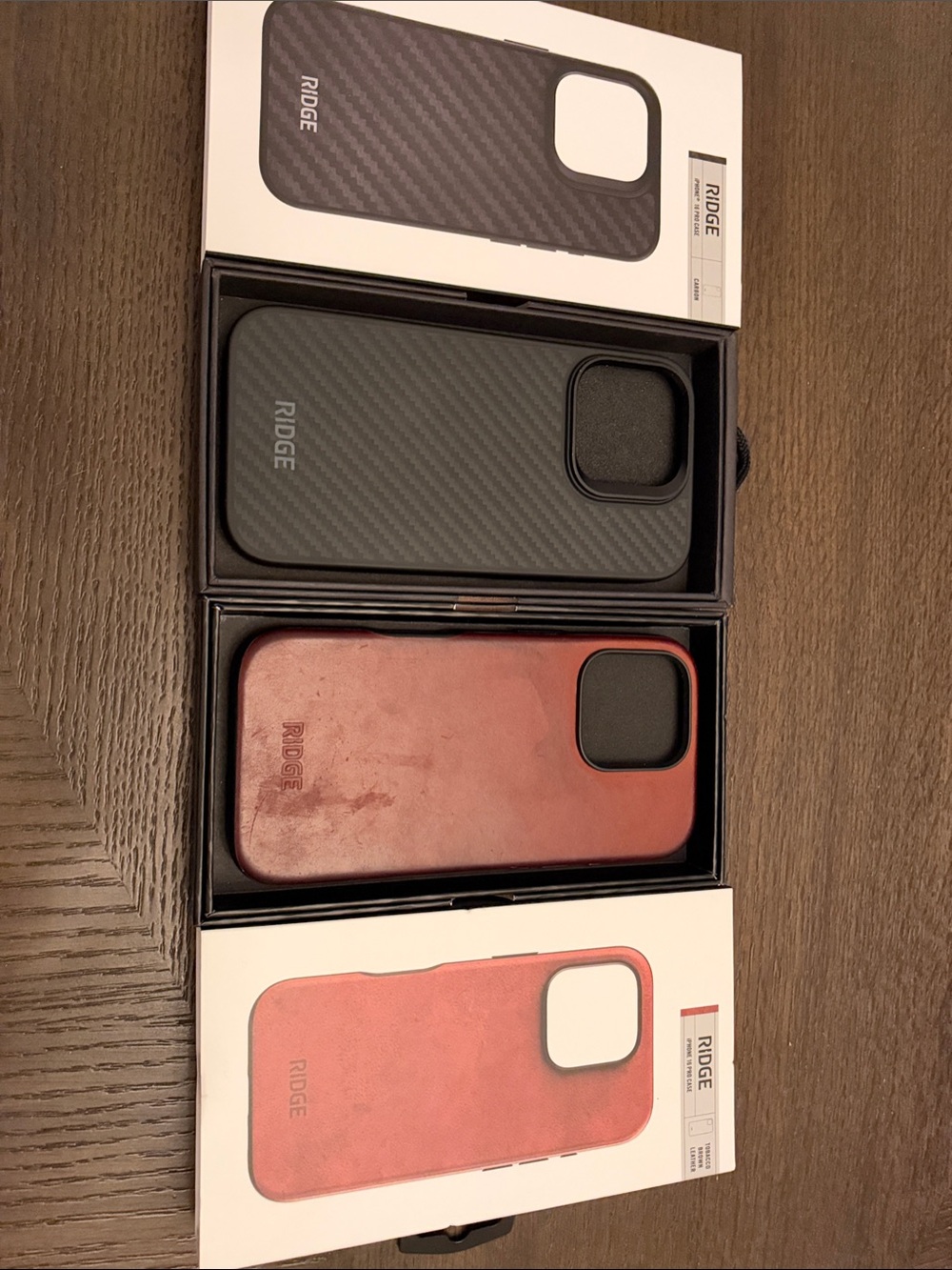 iPhone 14 Pro Ridge Cases - Black and brown Leather/Carbon Fiber